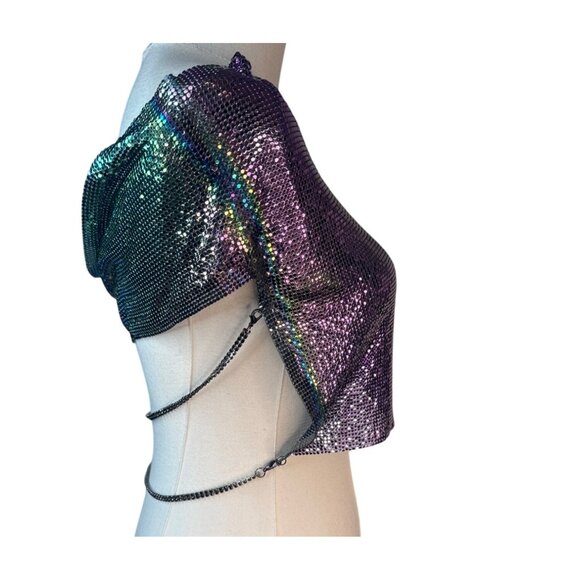 2/$30 Nwt XS Iridescent Purple Sequin Metallic Crop Top Chain Details Open Back - Picture 7 of 8